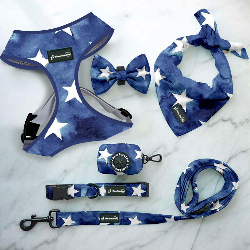 6 Piece Matching Harness Set - Blue with White Star Print