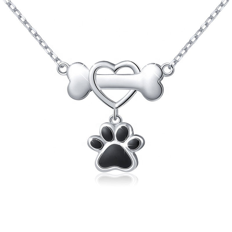 Bone and Black Paw Print Pendant and Necklace