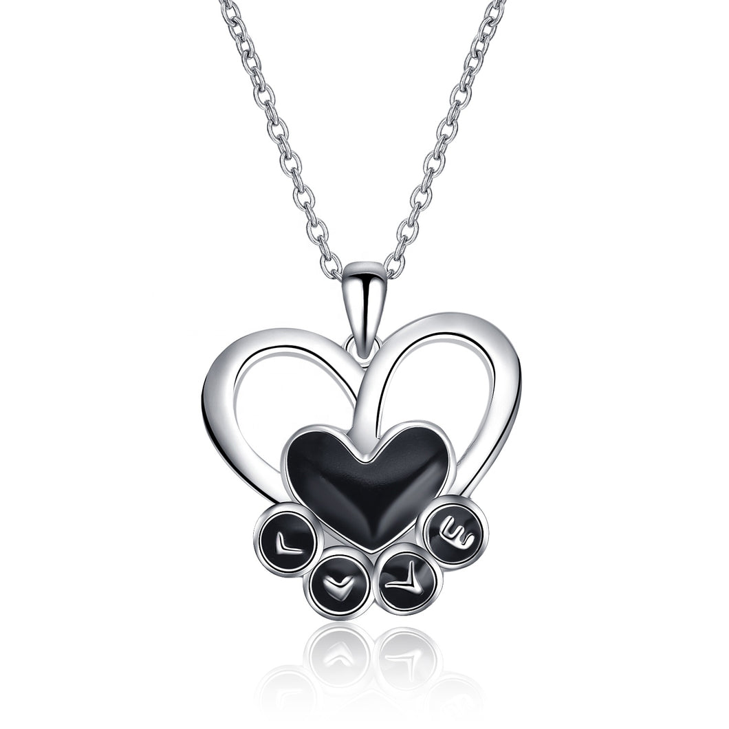 Black Paw Print Love and Heart Pendant and Necklace