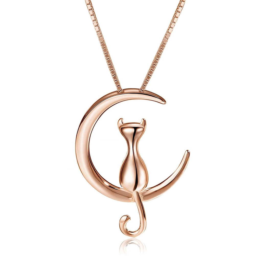 Rose Gold Cat and Moon Pendant and Necklace