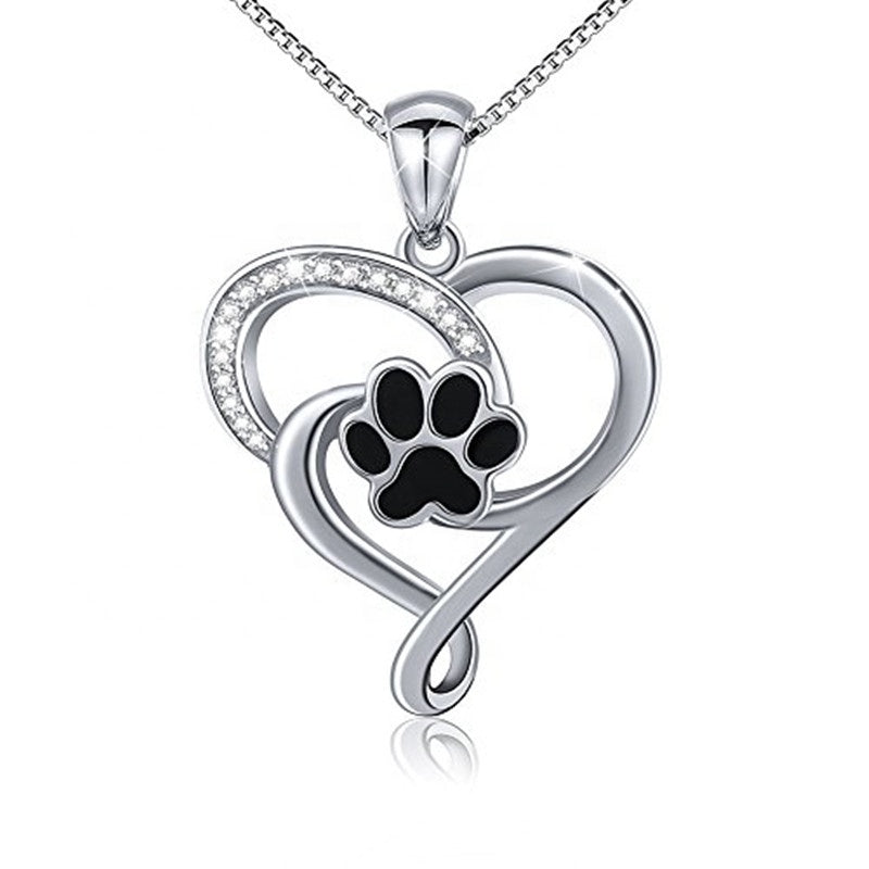 Black Paw Print Heart Pendant and Necklace