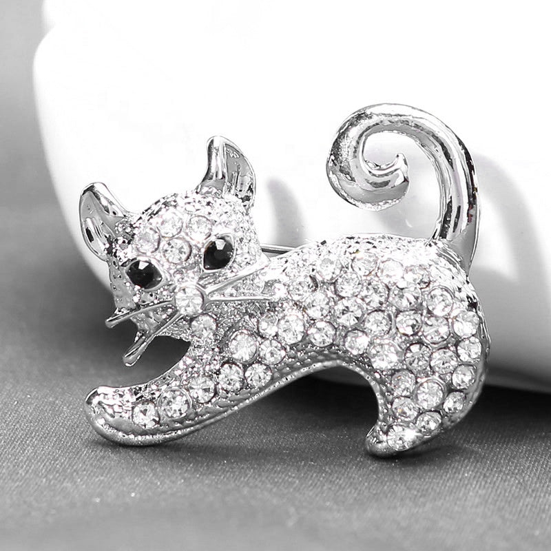 Cute Kitten Rhinestone Brooch Pin