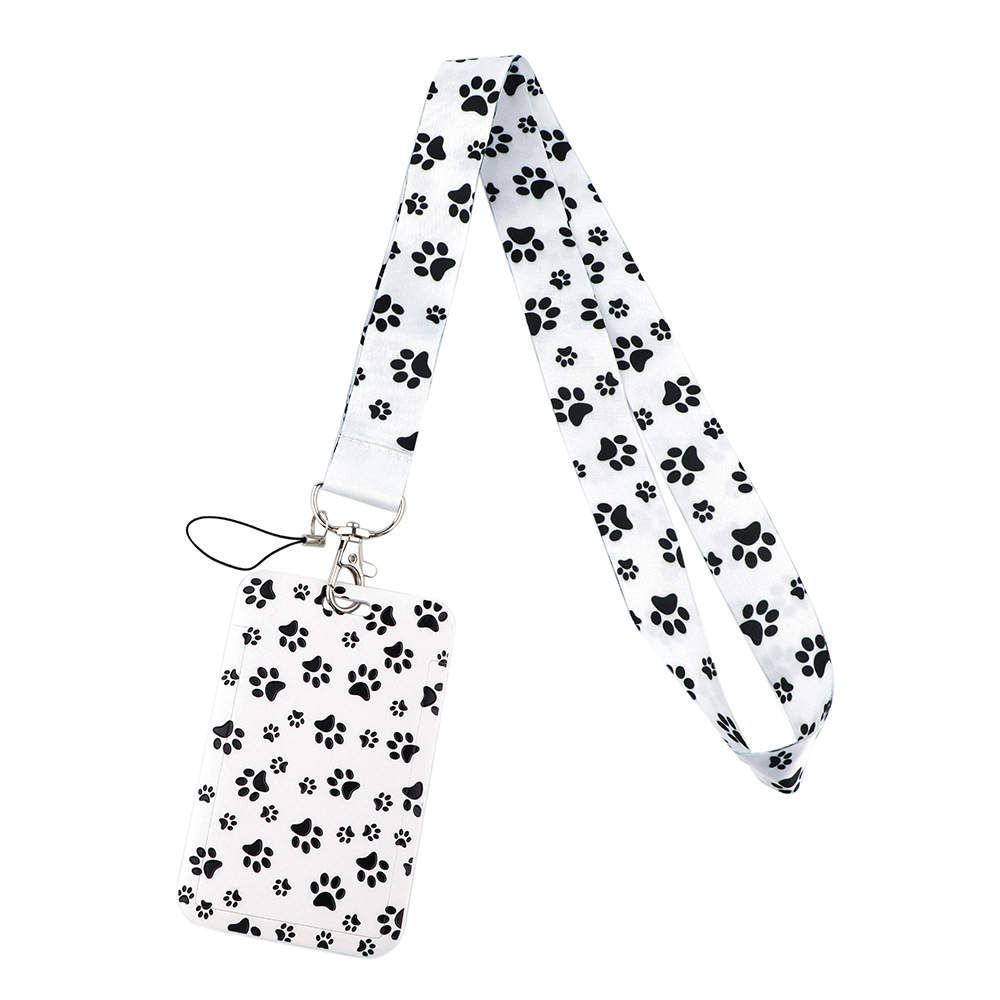 White with Black Paw Print Card Holder and Fabric Lanyard