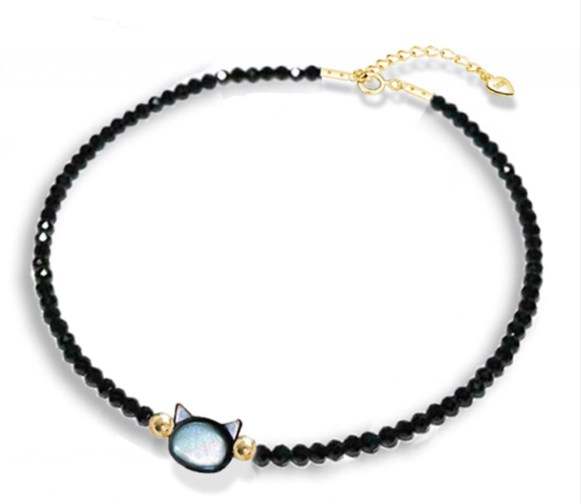 Black Bead and Gold Tone Adjustable Cat Face Bracelet