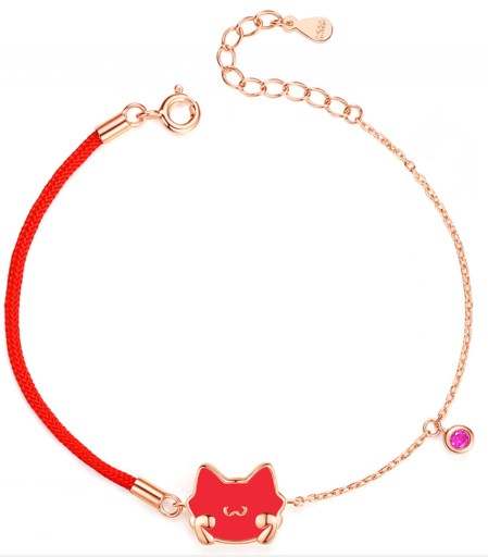 Red Rope and Rose Gold Tone Adjustable Cat Face Bracelet