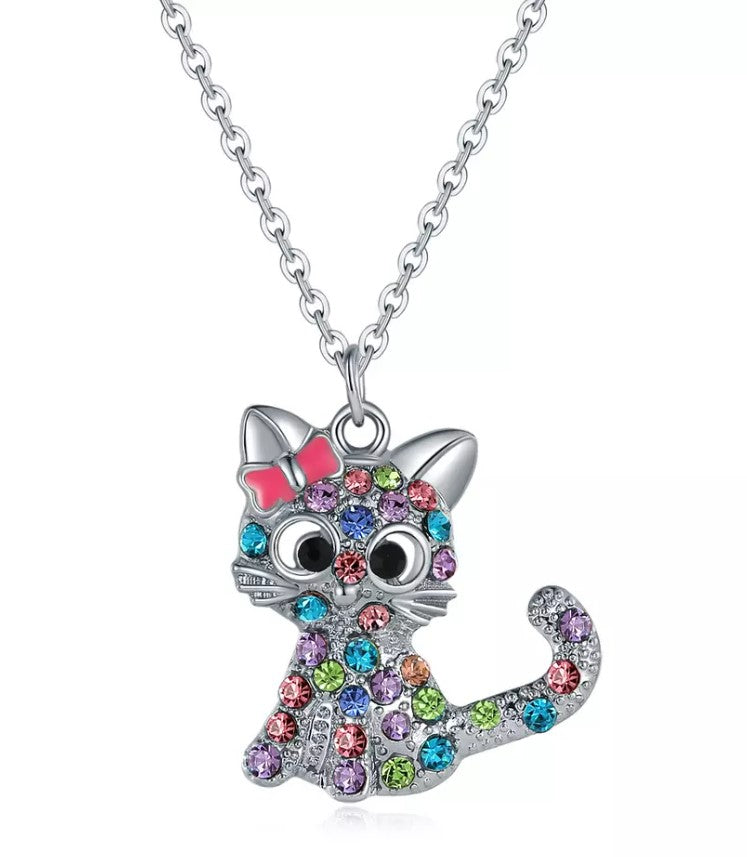 Cute Colourful Cat Rhinestone Pendant and Necklace